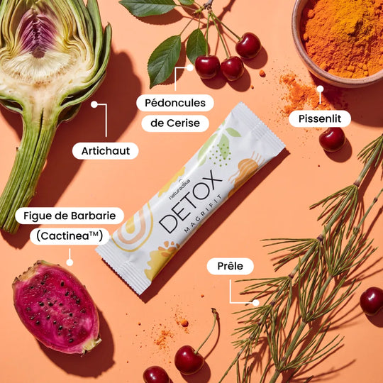 Ingredients naturels de Magrifit Detox : figue de Barbarie, artichaut, cerise et prele