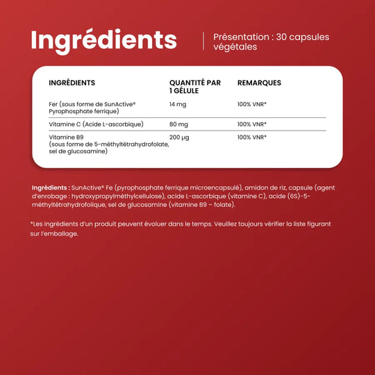 Ingrédients de FerMax Active : 14 mg de fer SunActive, 80 mg de vitamine C et 200 µg de vitamine B9 par capsule
