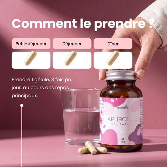 Comment prendre Aphrodite Sensation : 1 gélule 3 fois par jour aux repas principaux
