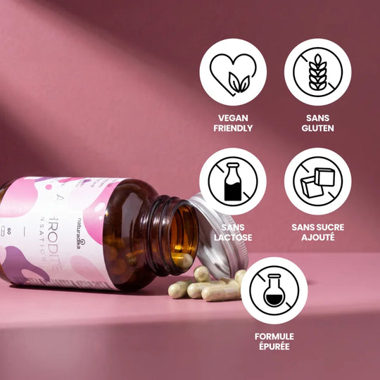 Aphrodite Sensation : vegan friendly, sans gluten, sans lactose, sans sucre ajouté et sans additifs artificiels