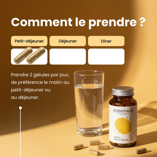 Comment prendre Camu Vita-C Boost : 2 gélules par jour, de préférence le matin