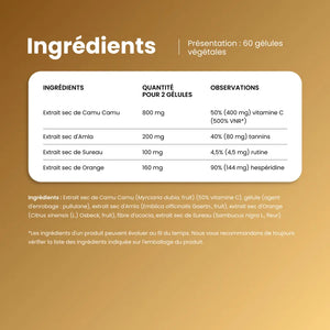 Ingrédients de Camu Vita-C Boost : camu camu, amla, sureau et orange