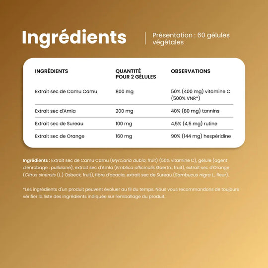 Ingrédients de Camu Vita-C Boost : camu camu, amla, sureau et orange