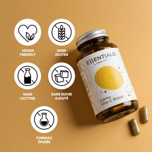 Camu Vita-C Boost est vegan friendly, sans gluten, sans lactose, sans sucre ajouté, formule épurée