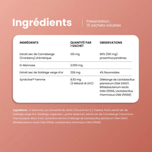 Ingrédients de Ciscomfort Forte : canneberge, D-Mannose, solidage verge d'or et SynActive Femme