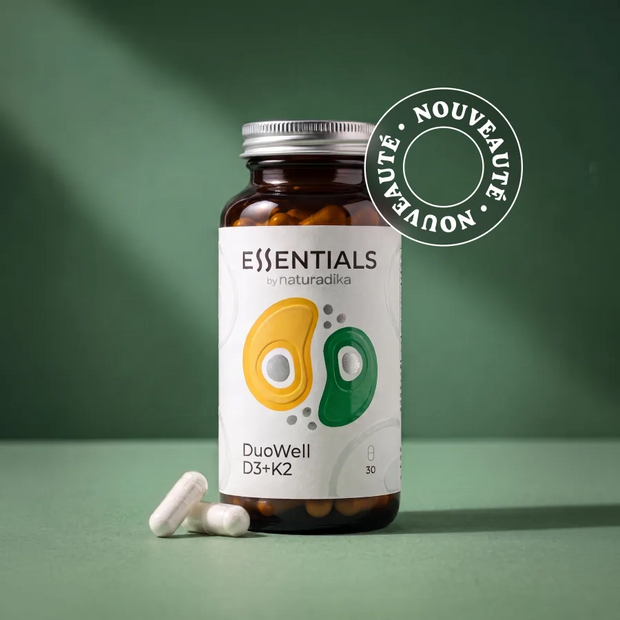 Flacon de DuoWell D3+K2 de Naturadika, vitamine D3 avec vitamine K2 MenaQ7®, 30 gélules