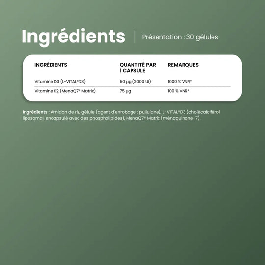 Ingrédients de DuoWell D3+K2 : vitamine D3 L-VITAL®D3 et vitamine K2 MenaQ7® Matrix