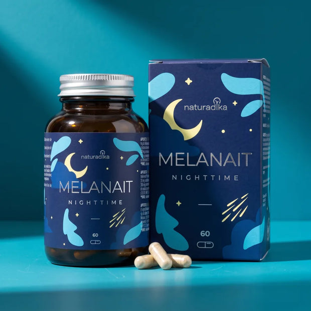 Flacon et étui de Melanait Nighttime de Naturadika, 60 gélules avec mélatonine