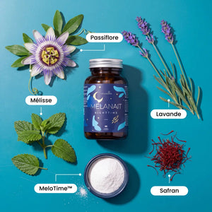 Ingrédients naturels de Melanait : passiflore, lavande, mélisse, safran et MeloTime