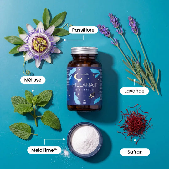 Ingrédients naturels de Melanait : passiflore, lavande, mélisse, safran et MeloTime