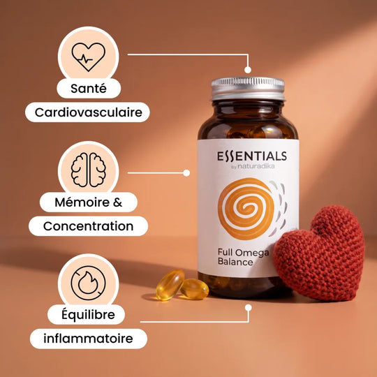 Bienfaits de Full Omega Balance : santé cardiovasculaire, mémoire et concentration, équilibre inflammatoire