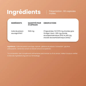Ingrédients de Full Omega Balance : 1500 mg d'huile de poisson sauvage EPAX avec 600 mg EPA et 450 mg DHA pour 3 capsules