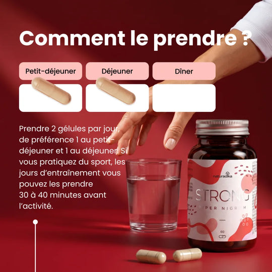 Comment prendre Piper Nigrum Strong : 2 gélules par jour, 1 au petit-déjeuner et 1 au déjeuner