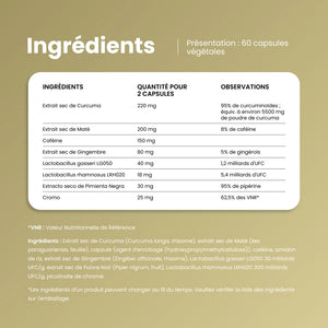 Ingrédients de Magrifit Piperine : curcuma, maté, caféine, gingembre, probiotiques, poivre noir et chrome