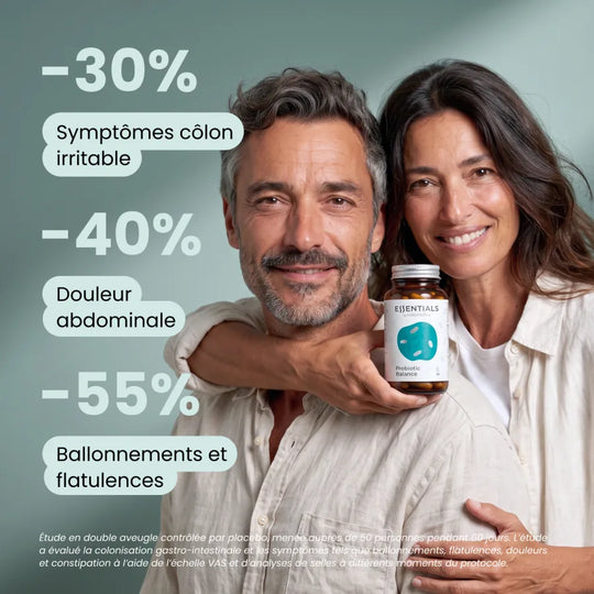 Probiotic Balance : −30 % symptômes du côlon irritable, −40 % douleur abdominale et −55 % ballonnements et flatulences dans une étude en double aveugle