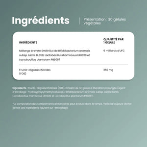 Ingrédients de Probiotic Balance : mélange breveté SmilinGut avec 6 milliards d'UFC et FOS par gélule
