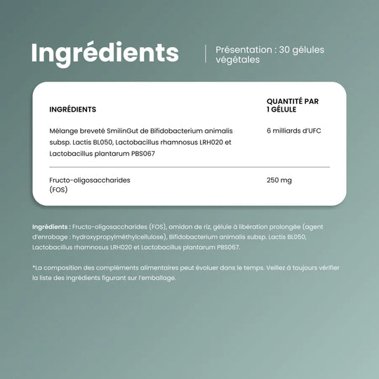 Ingrédients de Probiotic Balance : mélange breveté SmilinGut avec 6 milliards d'UFC et FOS par gélule