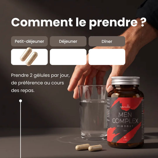 Comment prendre Viboost Men Complex : 2 gélules par jour, de préférence au cours des repas
