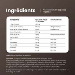Ingrédients de Viboost Men Complex : L-arginine, ginseng, tribulus, maca, pin, coenzyme Q10, zinc et vitamines