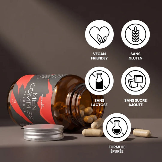 Viboost Men Complex est vegan friendly, sans gluten, sans lactose, sans sucre ajouté, formule épurée
