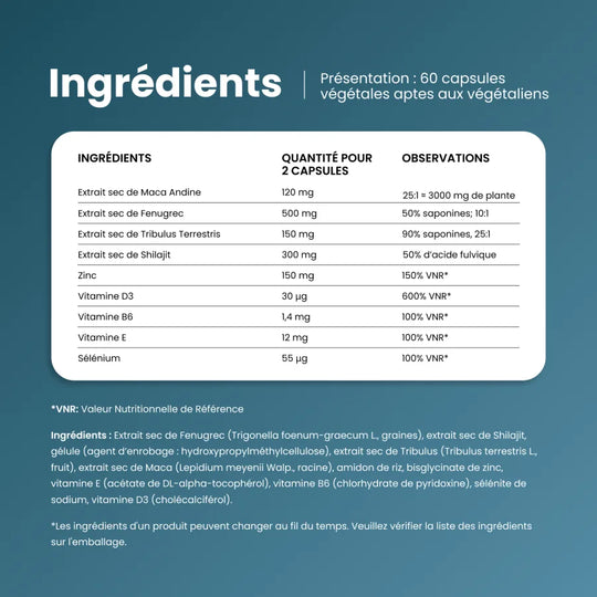 Ingrédients de Viboost Tribulus + Maca : maca andine, fenugrec, tribulus terrestris, shilajit, zinc et vitamines