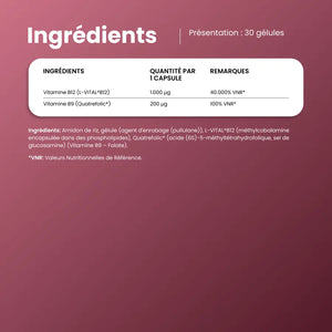 Ingrédients de VivaCel B12 : 1.000 µg de vitamine B12 L-VITAL et 200 µg de vitamine B9 Quatrefolic par gélule