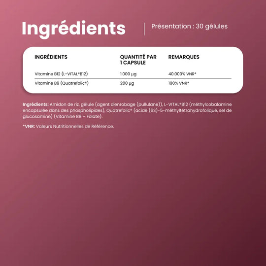 Ingrédients de VivaCel B12 : 1.000 µg de vitamine B12 L-VITAL et 200 µg de vitamine B9 Quatrefolic par gélule